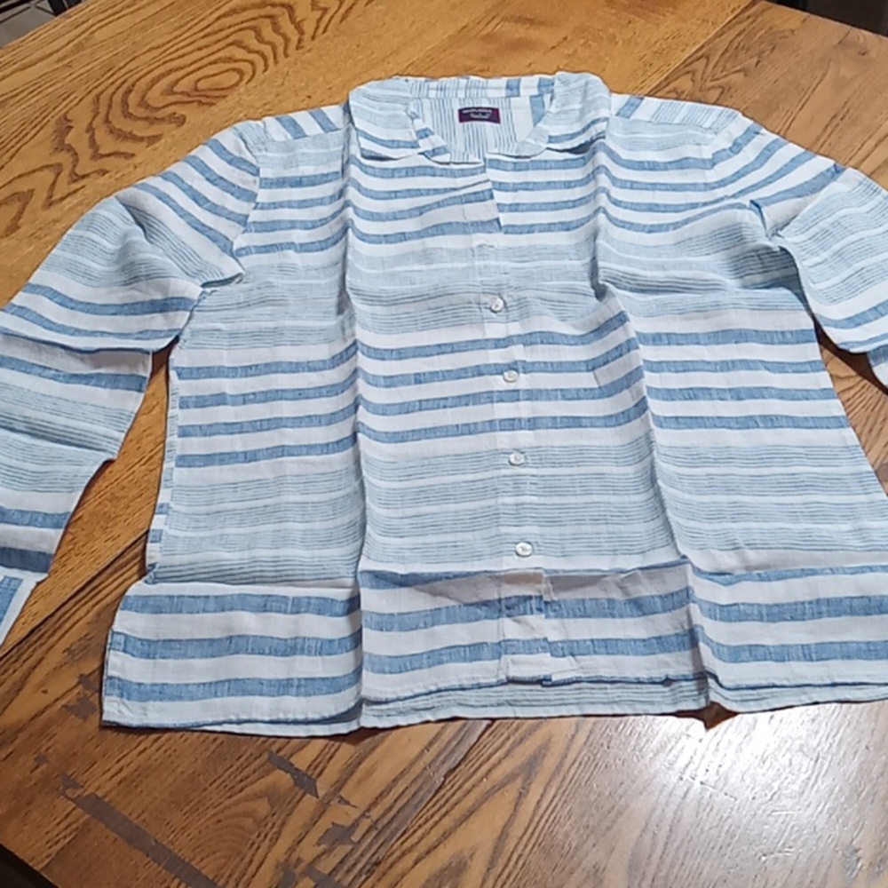 Untuckit Womens LINEN VIETTI NEW Work Shirt 12 Top Blouse STRIPPED BLUE NEW - Picture 2 of 8